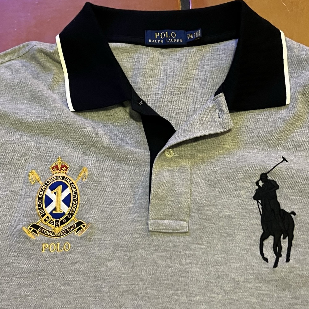 Polo Ralph Lauren Crest Polo Shirt Gray Black Rugby Big Pony Stripe Mens 2XB - Picture 2 of 8